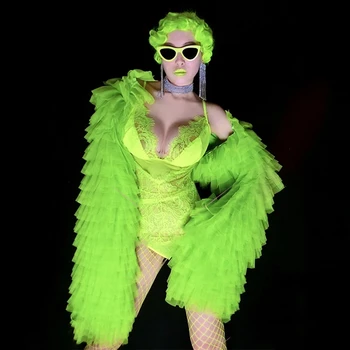 Bar Etapă Gogo Verde Fluorescent Costum Lace Bodysuit Perspectivă Sexy Exagerat Puff Maneca Șal Echipa Performanta Haine Imagine 2