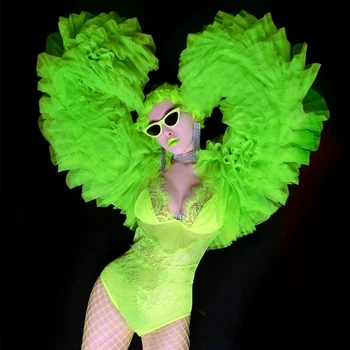 Bar Etapă Gogo Verde Fluorescent Costum Lace Bodysuit Perspectivă Sexy Exagerat Puff Maneca Șal Echipa Performanta Haine Imagine 3